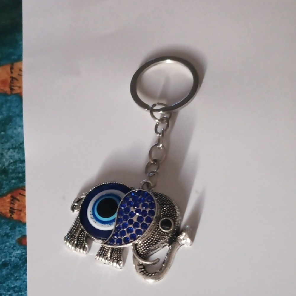 Silver and Blue Evil Eye Elephant Keychain,NEW